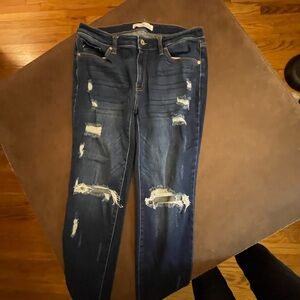 KanCan Women's Dark Blue Distressed Straight Leg Jeans